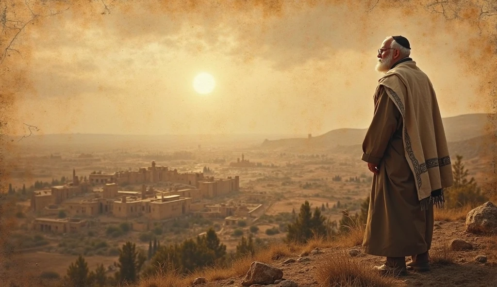 photo of a panoramic view of Jerusalem, capturing the city's ancient walls and the iconic Temple Mount rising majestically above. In the foreground, Paul, a middle-aged Caucasian man with short brown hair and a beard, stands gazing up at the Temple. His expression is one of determination, hinting at a profound purpose or mission. The lighting should be that of early morning, casting a soft golden hue over the city, enhancing the historical and sacred atmosphere. The colors should be rich and earthy, with the sandstone walls and structures of Jerusalem glowing in the morning light. The mood is one of reverence and awe, suitable for a historical or religious drama. Ensure the background is detailed, showing the intricate architecture and the bustling city life of ancient Jerusalem. Include hints of greenery and the distant hills to add depth to the scene. --ar 16:9
