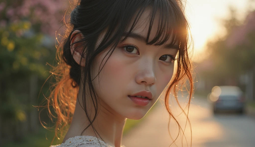 lens: 135mm f1.8,(highest quality),(Tabletop:1.1), (Beautiful 18 year old Japanese girl), (Moist lips), Narrow eyes, double eyelid,Delicate clavicle,Flat Chest,Shortcuts,
(Let's take another look), (close:1.4), shame, A faint smile,
(Speckled sunlight:1.2), Dramatic lighting,
(White camisole), (Sunburned skin:0.2),Full body photo、Full Body Focus、Toes、Nipples are visible