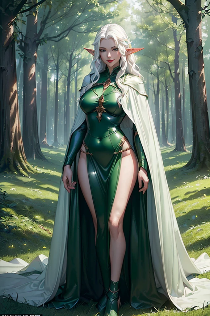 a portrait of a babe temptress , druid, leaf robe, perfect face, pretty face, brown eyes, auburn hair, Hi-top fade, very short hair, flat chest, lush detail, absurdres, clothes made of leaves, full body shot,