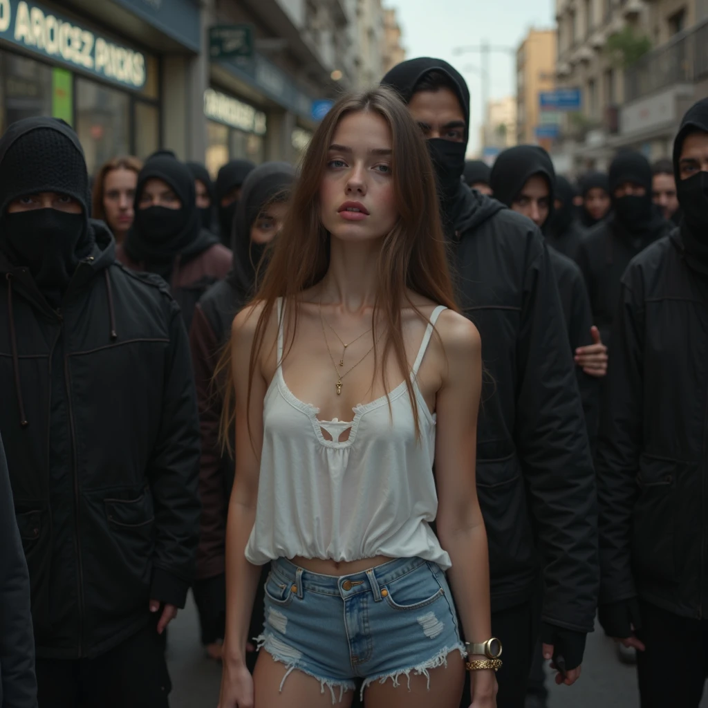 a young girl. She is surrounded by two men on a street. There are no more people. She is not dressed from the waist up. She is naked from the waist up. She is wearing only a miniskirt. She wears high-heeled bracelet shoes. She is seen from the front and full body. She is pretty and has a good body. His face reflects fear.