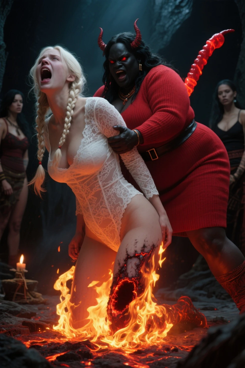  cocks near faces, suck dick , devil mask and red latex gloves, whole body has dark skin , big giant cocks spread pussy, group of naked big chubby black girls touching body and cuddling, pussy penetrated , elle veut suck dick géante et anormale, wet skin , faces of&#39;orgasm , in a dark and foggy mysterious cave, girls tied with a chain, suspended by chains , the red light comes from the fire which illuminates the scene and the body, surrounded by&#39;Man, the cocks are very very big and big