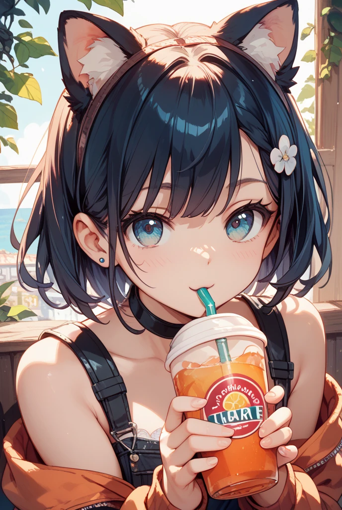 upper body closeup, Hands-Free_Bubble_Tea_Challenge, Bubble Tea between big breasts, a straw, (masterpiece, best quality:1.2), 1girl, gothic lolita dress,in bathroom