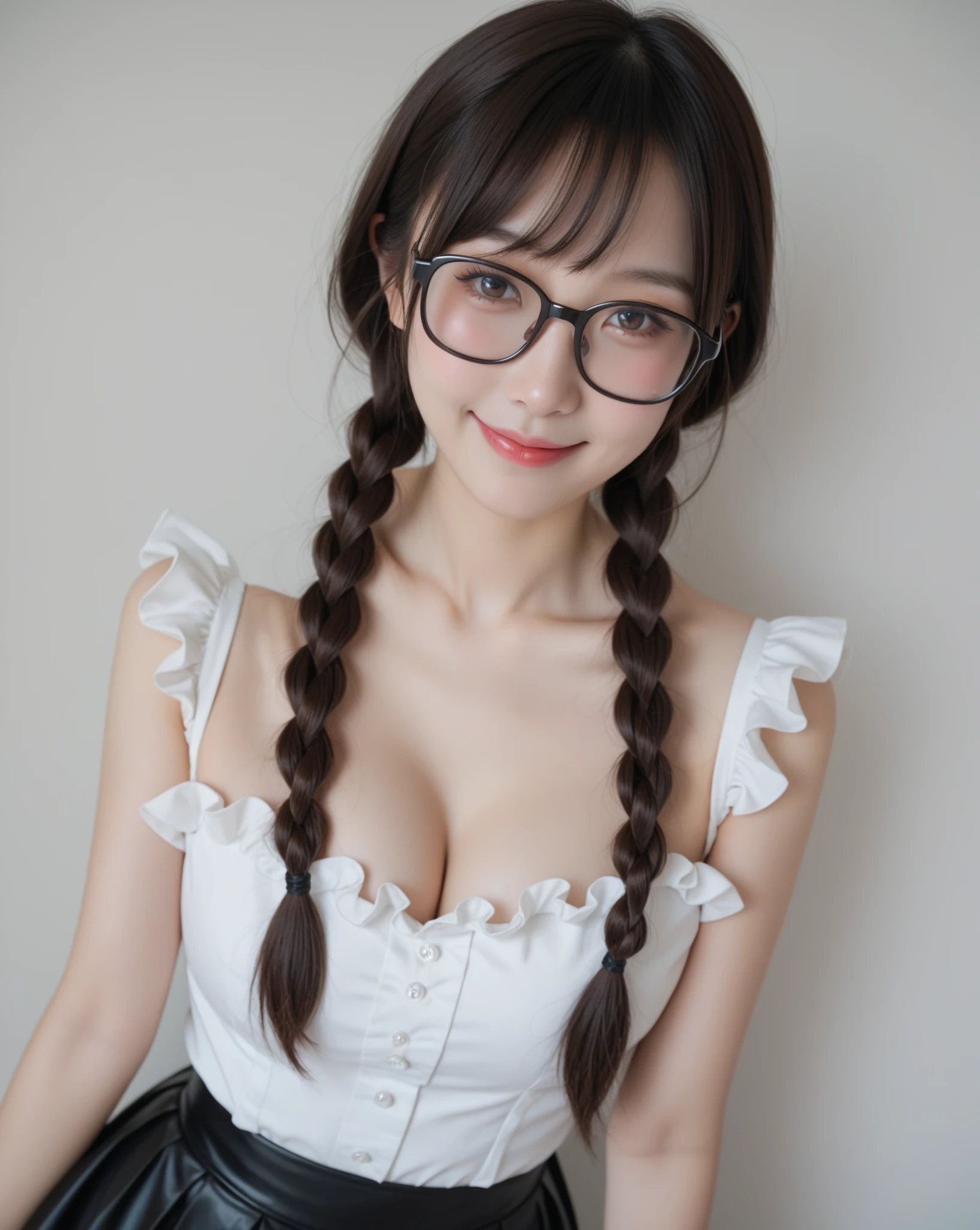 Top image quality、136), (breasted:1.46), (l boobs ipst boobs ,Round face、round glaceride、with round face、Slim glasses in the frame、Ugly woman wearing round glasses、First attack in 40 years、Eyes open、Sanpakugan bw、with round faceの美しさ、Crisp eyes、with round face、Tanuki face、Lashes long、beautidful eyes、(wears glasses,Round glasses、round glazed braids、with round face、black mole between eyebrows、w boobs ideas,Atol Oppa Library), (beautiful flower boobs、