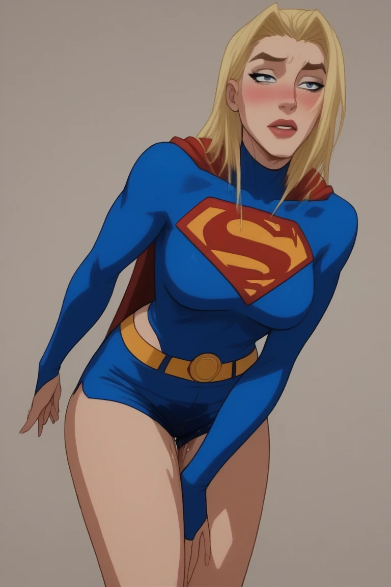 Young female, with blonde hair, wearing a tight blue long-sleeved shirt with the Superman symbol on the chest, defined breasts, wearing a red skirt and red boots, usando uma capa vermelha e voando no céu