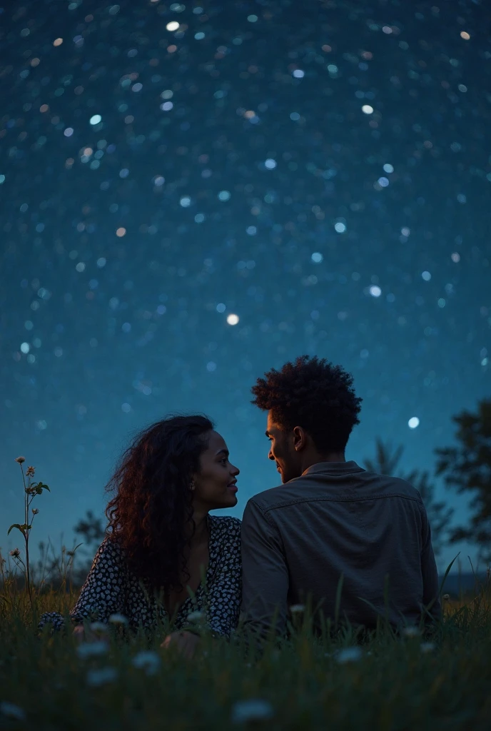 black couple sitting looking at the moon in the sky