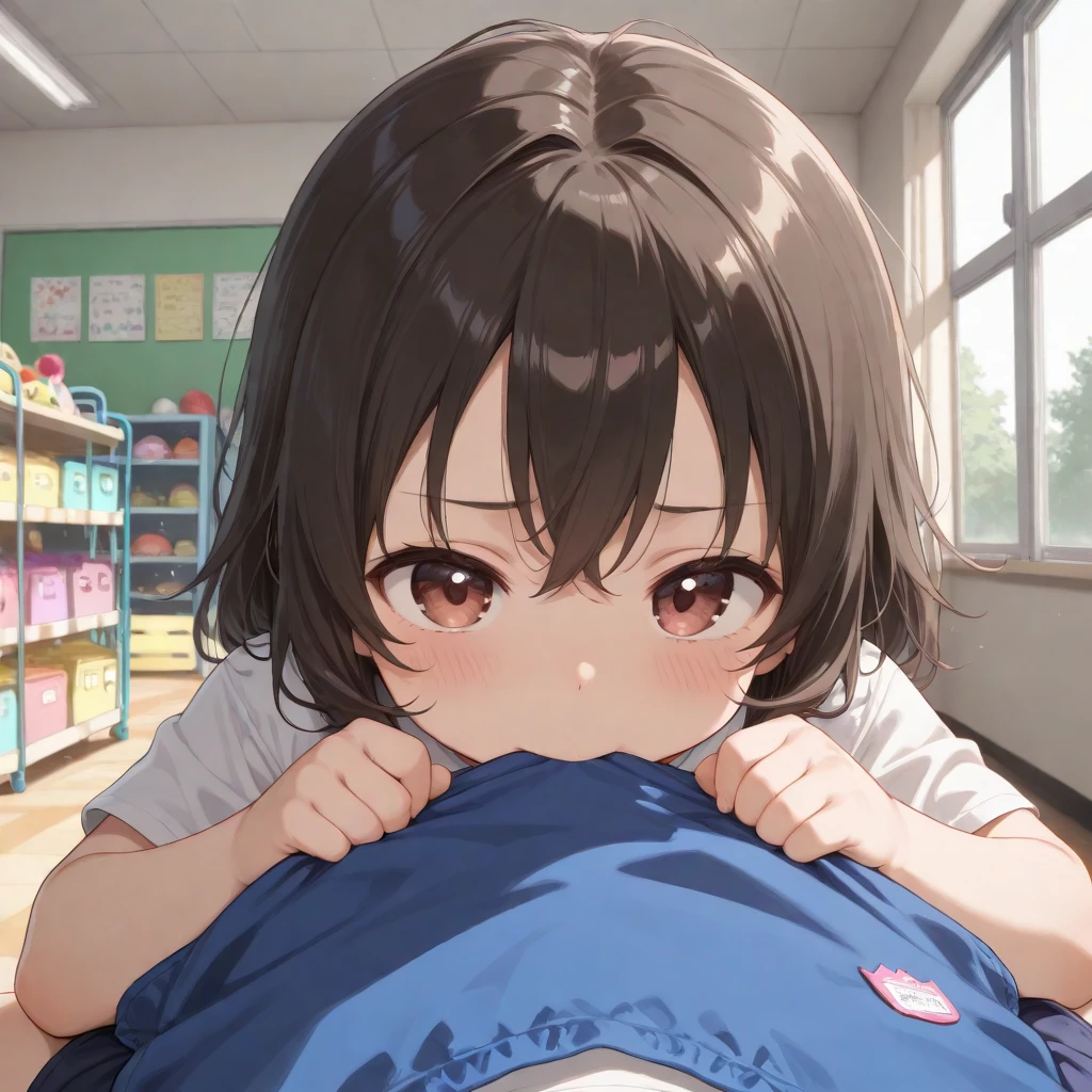 ((Small Breasts)),Highest quality、Very delicate and beautiful、((Very short bangs))、((Bangs))、Light shiny brown hair、The hair is light、((Short Bob))、Cute face、Young face、Cute like an idol、Yellow Eyes、Are thin、Slim figure、Short、（Child body type）、((Lots of sweat))、Embarrassed face、Open Mouth、smile、Red face、（School classroom）、Photographed from the front、