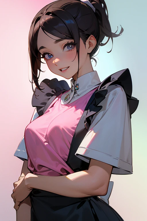 /shelly/, anime, 1girl, large breasts, tanned skin, smile, purple hair, big ponytail, purple eyes, bandaid on cheek, pink t-shirt, pants, yellow bandana, looking at viewer, standing, white background