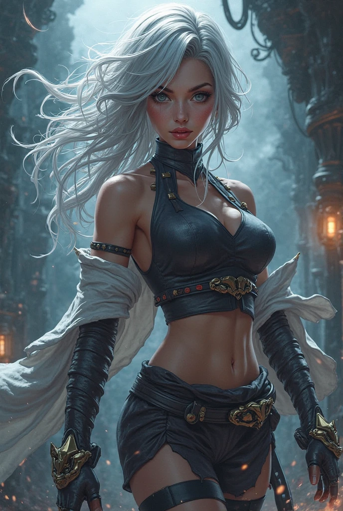 a drawing of a woman with white hair with very tanned skin and a sword, tifa lockhart with white hair, anime style character, white hair, detailed anime character art, made with anime painter studio, a daring teenage assassin, anime character, perfect white haired girl, cyborg - girl with silver hair, anime character art, ( ( character concept art ) ), with long white hair, tan, clothes that cover the whole body, blue eyes