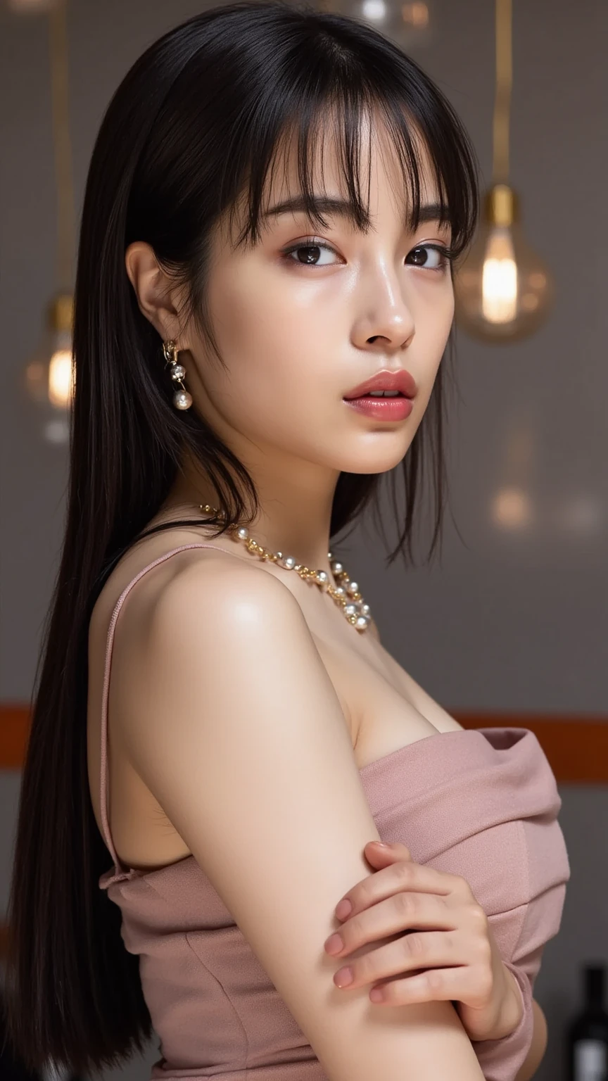 tsuruta ichiro, Narrow-eyed, 1girl in, Allback、deadpan、short-hair、shorth hair、brow、Reluctance、A dark-haired、Tucked Hair Solo, Cowgirl, Onepiece, ((mideum breasts)), Thin slit eyes、Black eyes, Light shines on the eyes、Black hair, gloves, Dress, Luxurious Jewelry, earrings, sharp eye、 elbow groves,Raise your hands and tie your hair back, random color, random color dress, Makeup for long eyes, Slender eyes、lip stick, Complex petal pattern, Rim Light, Back Light, pastel color,Studio Lighting