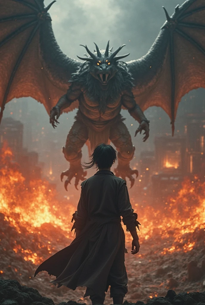 masterpiece, Highest image quality, photo realistic, Raw photo, full body photo, (night, giant red Moon in the sky :1.4, Japaneses, in future Japan , young man and beautiful woman, man talk to woman under the giant monster, man and woman facing each other, man hands press the monster in the front across woman shoulder, man put his hands on woman shoulder, bare body, machinery armor dress gear, whispered words:1.4, open eyes, romantic:1.5), fire giant meteor strike, flying hair, 