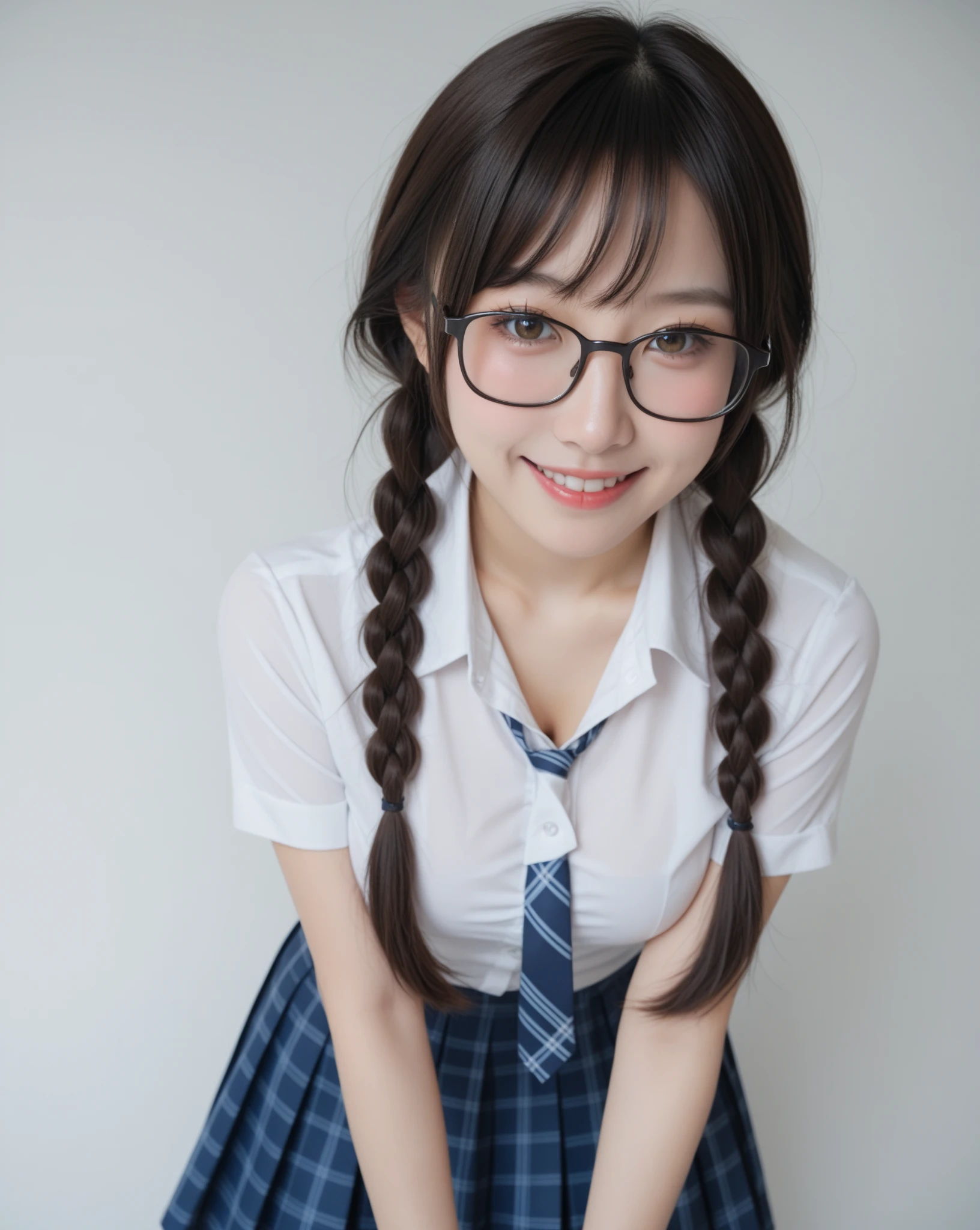 Highest quality、masterpiece、8k、Very detailed、Realistic、One girl、Looking at me with a smile、Black Hair、Braid、Small face、Slender、Big Breasts、Thin and beautiful legs、narrow and constricted waist,、Glasses、Young face、A tight-fitting short-sleeved white shirt with buttons and a collar、Short navy blue pleated skirt、Red ribbon on chest