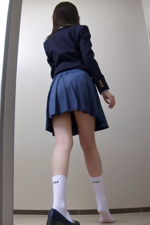 nsfw:1.5,(((Perfect Anatomy, Anatomically correct, Very detailedな肌))), 1 girl, Japanese, high School girl, Shiny skin, Observe the audience, ((Back view, From below)), Beautiful Hair, Beautiful Face, Beautiful details, (short hair:1.1, Bobcut:1.2), Dark blonde hair:1, blue eyes, Baby Face, Mole under the eye, Beautiful clavicle, Beautiful body, Beautiful breasts, Big Breasts:0.5, Beautiful thighs, Beautiful feet, ((Short sleeve, Cute Sailor Suit, All dark blue, Dark blue pleated skirt, Navy blue sailor collar, Sailor scarf, socks, Brown Loafers)), Captivating thighs, (Red Slave Collar), ((Embarrassing, Scared, sad, tears, cry, Half-open mouth)), Are standing, (((Leaning forward), Taking off white panties:1.8, She's pulling down her white panties:1.5、Grabbed her panties、Raise one leg,I'm not wearing anything:1.2、Lower body naked、No underwear、 (Pull on white panties:1.5))), (Beautiful views), summer, School, locker room, 8k, highest quality, Masterpiece:1.2, Very detailed), (Realistic), Beautiful illustrations, Natural light, whole body,Overflowing Sex Fluids:1.5