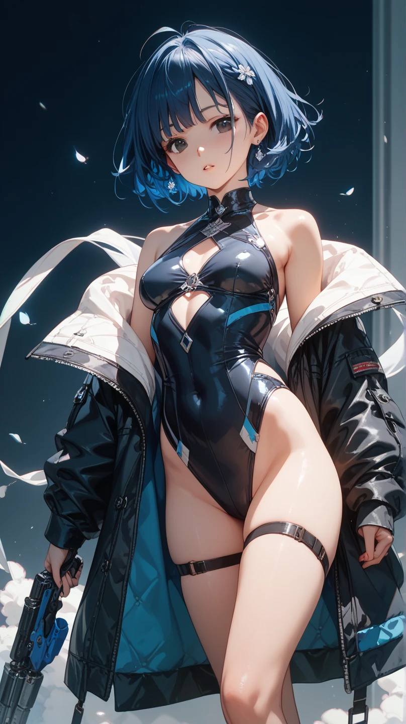 masterpiece, Highest quality, (Highly detailed CG Unity 8K wallpapers) (Highest quality), (Best illustrations), (Best Shadow) 2 in a worn grey robe.0、Orange Eyes 2.0、Black hair bob cut、Hidden in the wall、forming a gun with your hand2.0、hot pants、Thin body 0.4、Collapsed building street、Imperial Army Magician