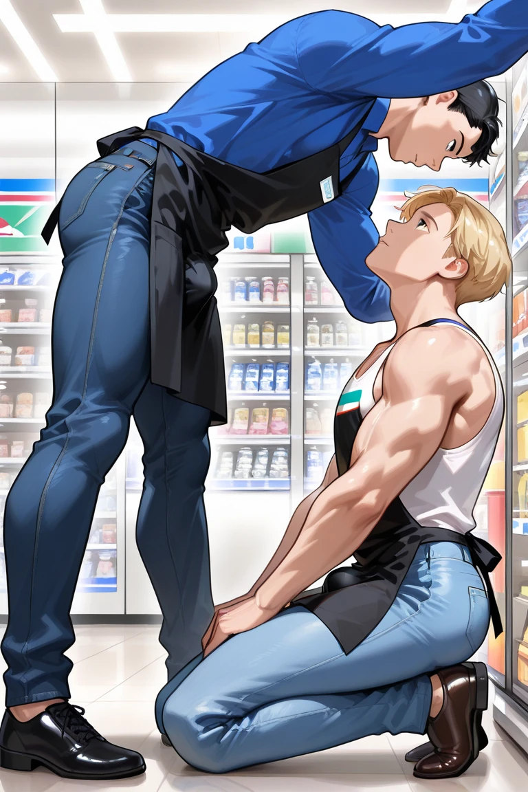 (male crew cut short hair:1.8) (man and woman hugging and kissing: 1.5), (man and woman: 1.5), smile, (A man wears a navy blue short-sleeved round neck t-shirt.: 1.3), Navy cargo pants, Korean guy , korean men, (High gloss details), chest muscles, large arm muscles, blood vessel, Big muscles, Broad shoulders, looking at the audience, Balancing the eyes, smile, Close your eyes, open your mouth., (Close your eyes, open your mouth. : 1.3) , ,(genital very long big : 1.8), (Big testicles), (Erection of the penis: 1.1), (How: 1.8) ,(naked woman: 1.9), Make love, fucking, sex, lust, (, In front of the bread shop: 1.3) ,