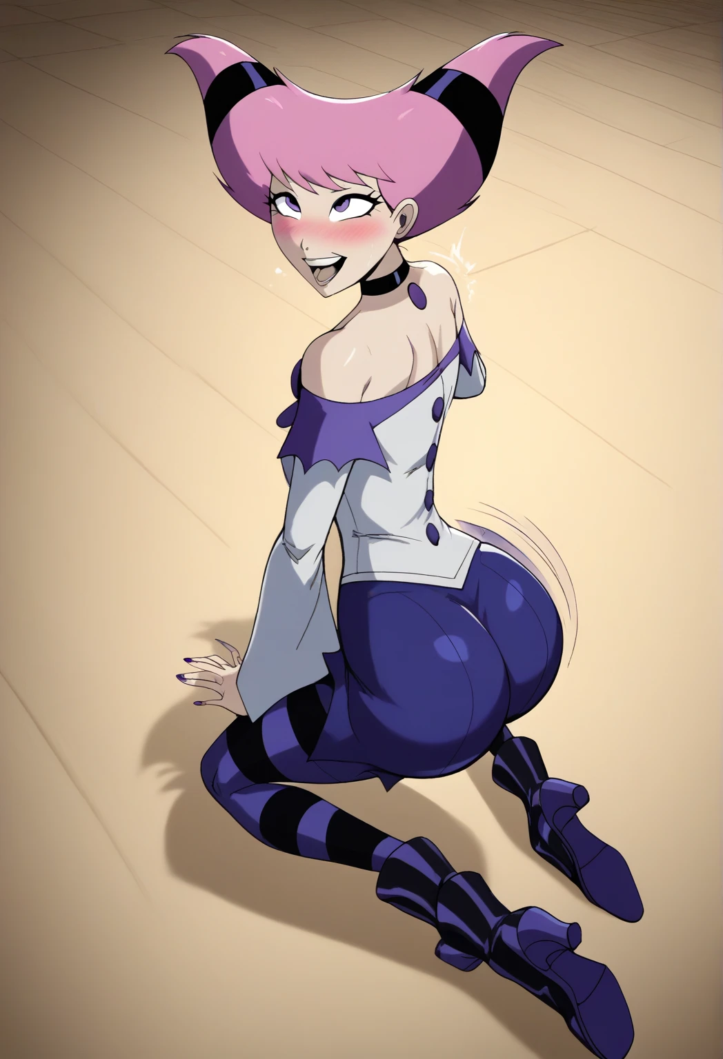 best quality,  sash lilac, sitting, stool, dark environment, long bangs, white sleeveless robe, blue boots, blue-white gloves, ass,