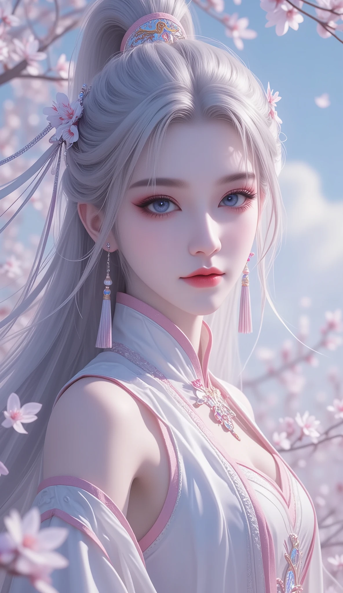 Chinese Fairy Tales character, extremely details, high detailed face, mature woman, milf, extremely busty, cool beauty, living expressions, (cold gaze, cold eyes, blue eyes), expressionless, (silver hair), highlight, high ponytail, parted bangs, shiny silky, long hair, tassel earrings, Hair tube, iridescent, (oriental hanfu, Sleeveless, high neck top, leather, light pink trim, detached sleeves, white Cloak, traditional styles, tight clothing), delicate and dynamic textures, contrasts of light and shadow, Ancient Chinese fairy tales, CGI, artistic photography, hyper realistic, digital graphic CG, snow flower field, cherry blossom Petals, Flowing breeze 