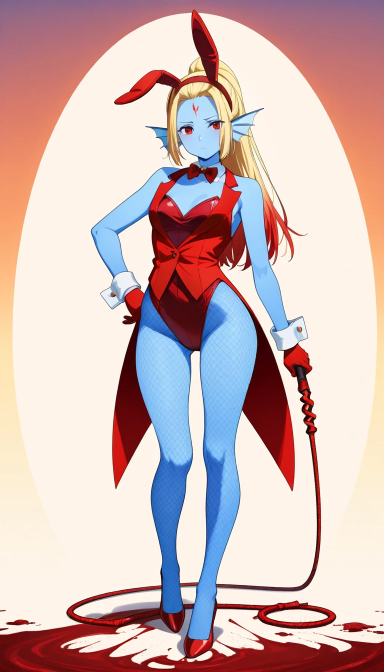 8K, high definition, animated, married woman, beautiful, small face, beautiful, bright, eye highlights, sexy, erotic, beautiful line drawing.
She has light blue skin, blue and orange gradient ear fins, bunny girl, bunny suit, black bunny suit, legs in net tights, legs crossed,