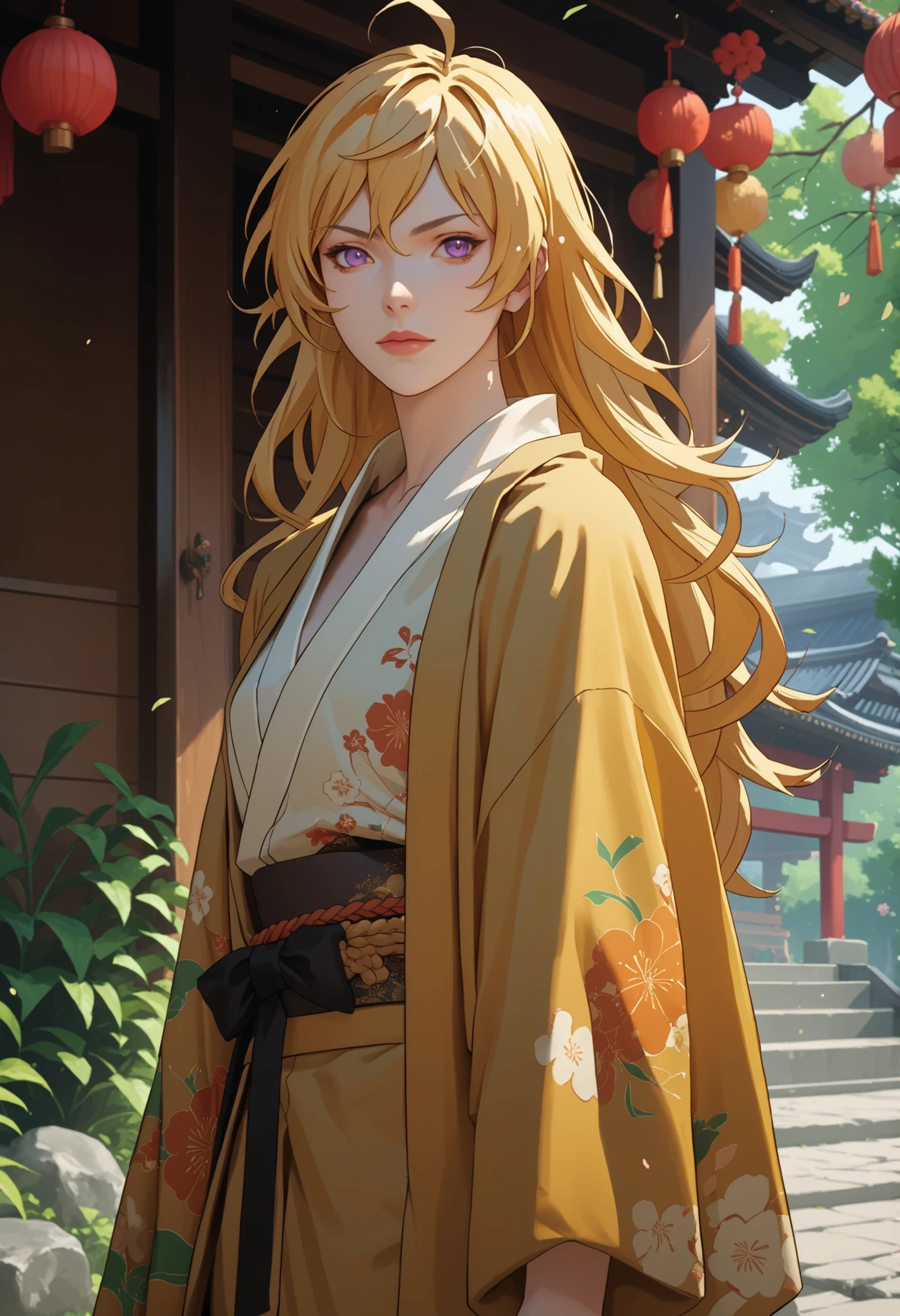 (Yang Xiao Long) from "RWBY" ((anime style)) wearing an kimono, ((spring)), ((shonen style))