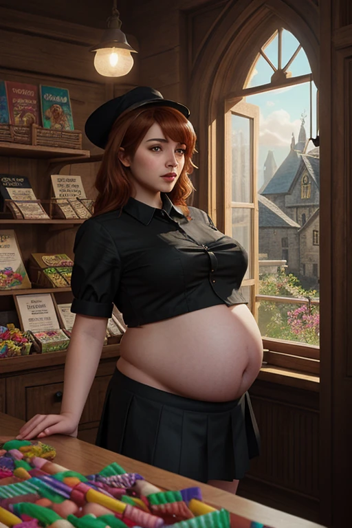Emma Stone, masterpiece quality, lots of detail, realistic, in a cathedral, church pews in background, altar in background, sexy pose, orange hair, short hair, wearing hairband, wearing choker collar, black lipstick, black eyeliner, wearing black crop top, midriff, wearing black miniskirt, wearing fishnet stockings, small breasts, (small breasts:1.4), fat belly, (fat belly:1.3), lots of cleavage,