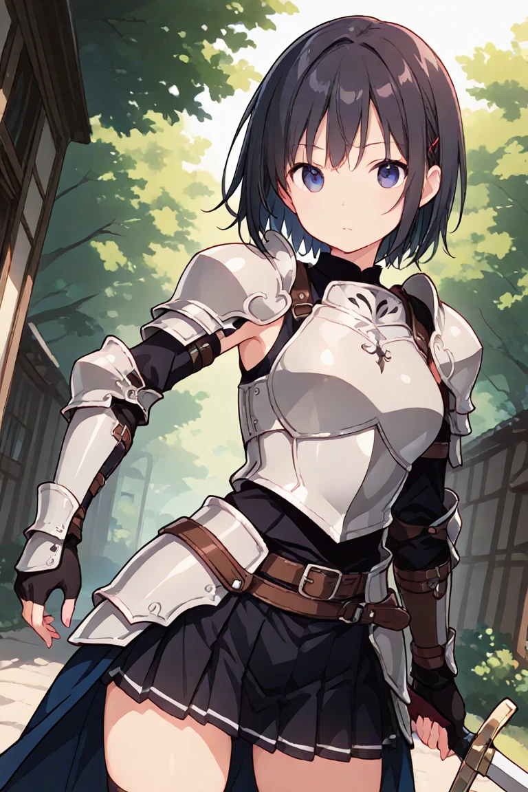 (masterpiece:1.2), (highest quality:1.2), Upper body, perfect eyes, perfect face, perfect lighting, mountainous horizon, 1 girl, 1 boy, black hair, blue eye, ((very short back hair)), blunt bangs, cute eyes, Medium chest , ((From the side)),From above, open mouth, vivid description,orgasm, I was scared, crying face, tooth, anger, From the side, sitting, (((white bikini armor))), (((disdain))), (((((cum on body))))), ((((glaring))))