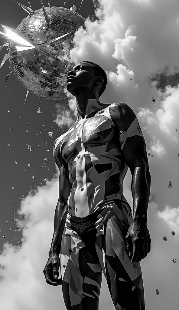 "Athletic black Adonis with chiseled physique and a slim waist, naked, wearing a white jockstrap, an endless flowing white ribbon wraps parts of his body tightly, alone against a subtle backdrop, captured from a low-angle perspective, dynamic pose."