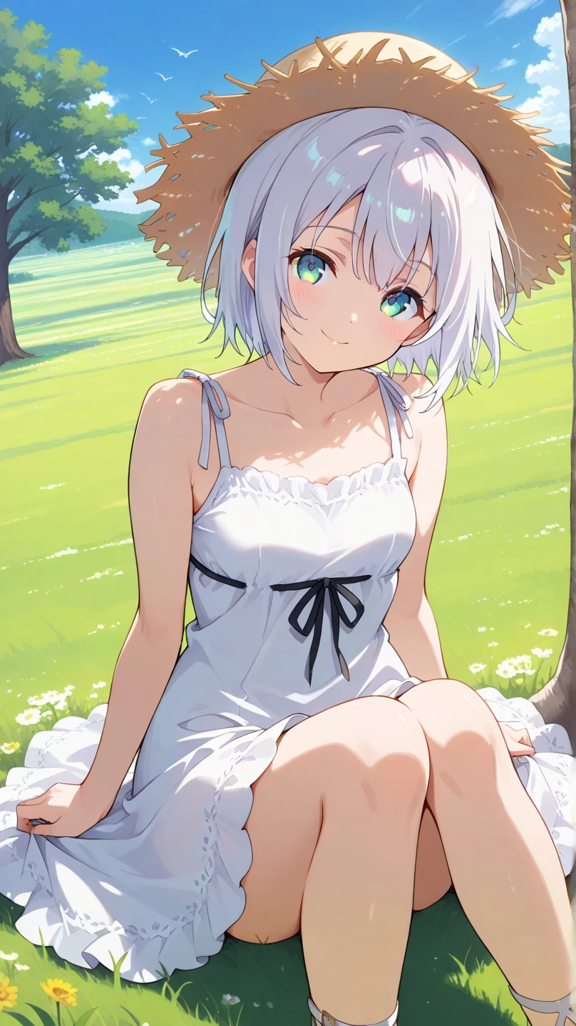 One Girl　cute　Petite　breasts are slightly larger　The legs are very thin　Wolf ears　White Shorthair　 doll　The background is inside the grass.　Lying on your back　Place your hands behind your head.　Spread your legs　Embarrassed face