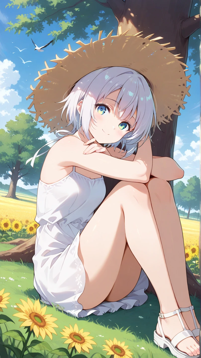 Girl, Naked, breasts are visible, white skin, small breast, white hair, happy face, no bra, no panties, green grass, sexy, lying down, faint smile, undress, shy face, short hair, shirt