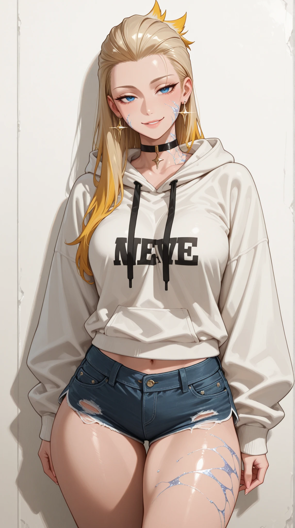 1girl, (Blue eyes), (smiling :1.2), (Sana Minatozaki), wide hips, Big tits :1.2, big ass, (Best Quality, 8k, Masterpiece: 1.3), Clear Focus: 1.2, Perfect Body Beauty: 1.4, Highly detailed face and skin texture, detailed eyes, double eyelids, (blonde long straight hair :1.2), dressed stylishly, cleavage Black T-shirt, statement earrings, jewelry, wearing sunglasses, Wearing a colorful beanie with no brim, Upper body shot, background: colorful rainbow wall, Cool
