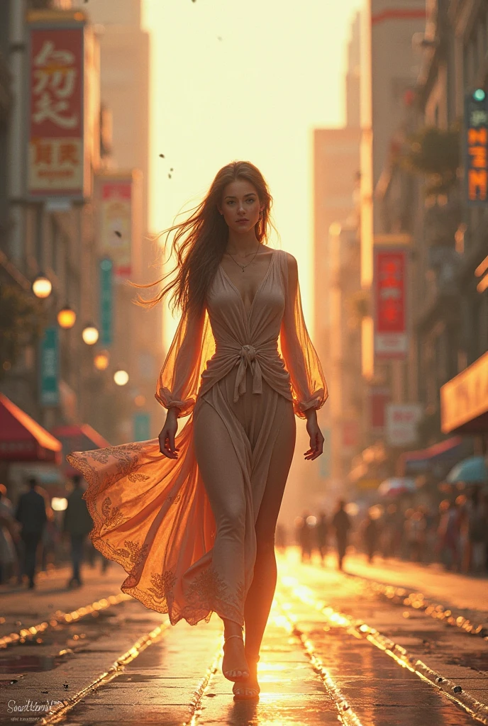 A bustling city street, with a confident and stylish woman walking towards the camera, her long hair flowing in the wind, and a bright smile on her face, and wear nightdress .