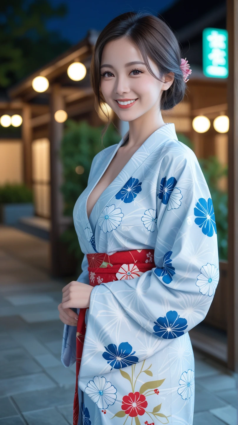 8K, Highest quality, High resolution, Lifelike, Real person, Beautiful girl, Laughter, traditional Japanese Yukata、No wrinkles at all、Her yukata is messed up and her thighs are visible.