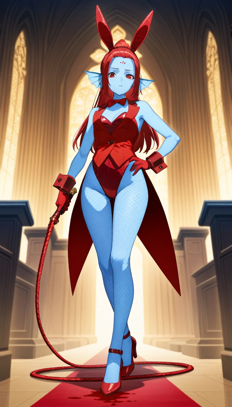 full body standing good face, nice ass, red spiky hair, beautiful woman, wide hips, cleavage, jumpsuit, leotard, heavy boots, apocalypse, muscular, thighs, mature woman, abs, looks at the viewer, lustful smirking smile face red blush