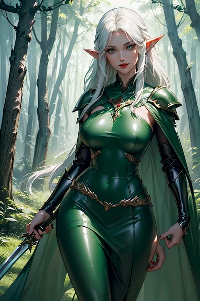 android 18,yorha 2b,tracer,y'shtola rhul, lord of the rings,warcraft,close up,winter forest,magic elf forest,rune tattoos,royal green and gold plugsuit,forest elf silk shirt,royal viking cape,forest elven armor,elf leggings,short elf hair,war makeup,blue eyes,multicolored silver hair,long elven gloves,sexy smile,freckles,beautiful girl,short elf boots,large breasts,8k,ultra detailed,realistic,fantasy art,viking armor,hair pin,ear piercings,(weather:rainy),1girl,elf ears,holding a elven bow,