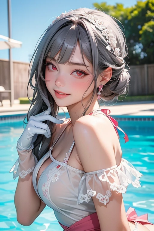Best image quality、Raw photo、Ultra-high resolution、17 year old Korean、Shining Breasts、Cleavage、Micro Bikini,White skin、輝くWhite skin、Beautiful Eyes、Both eyes of the same color、Beautifully drawn eyes in every detail、Long, narrow eyes、Pale pink blush、Long eyelashes、Beautiful double eyelids、eye shadow、Beautiful belly button、Beautiful ribs、Light-colored hair、Poolside、whole body、Small breasts、CG-like face、CG、high resolution、Dynamic Pose
