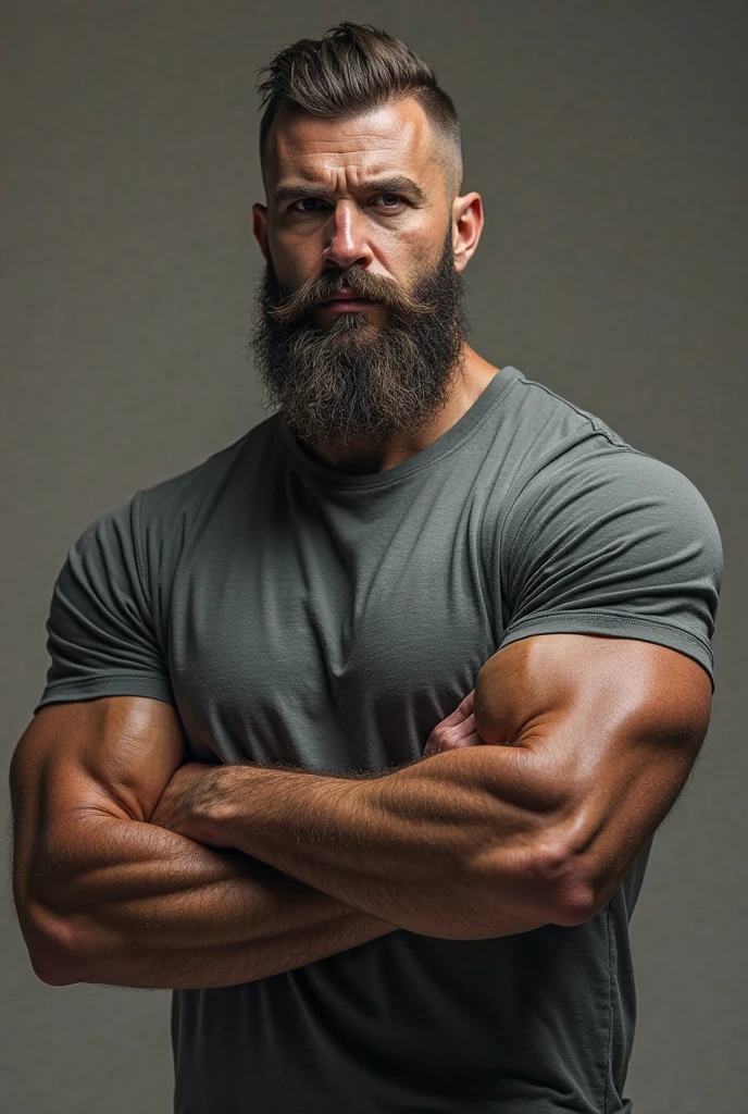 An image of a person with 1,69 tall, 70 kg and 19% of fat percentage. bald man with beard
