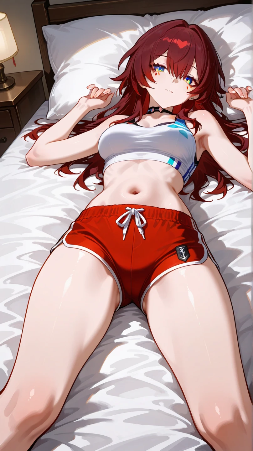 Girl with red hair, Lie down in bed, short detailed hair, Bras and underwear only, Curved body, Bigboobs, the face, Redness on the face, pretty legs, Nice clear black eyes, good body, pretty legs, Sam, upper legs, Soft body, Curved body, , barechested, NSFW, Bare body. Lie on your stomach, facing down, posterior view