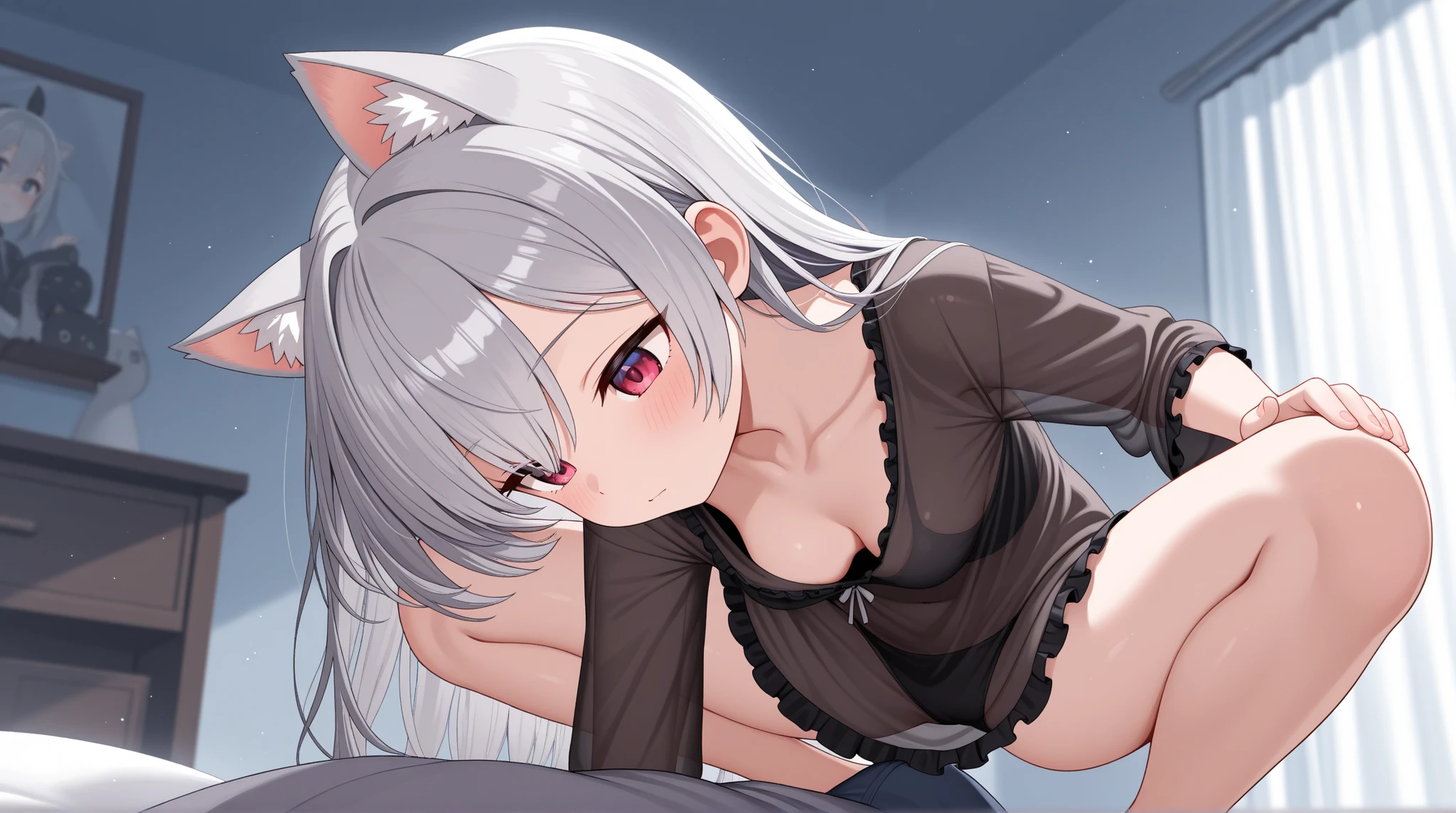NSFW,Hololive,Shirakami Fubuki,fox ears,fox tail,Blue Wedding Dresses,mini skirt,garter belt,wedding gloves,Iron collar with a chain,be scared,blush,lying in bed,attacked by a man,Have sex with a man,love hotel room,4K,masterpiece