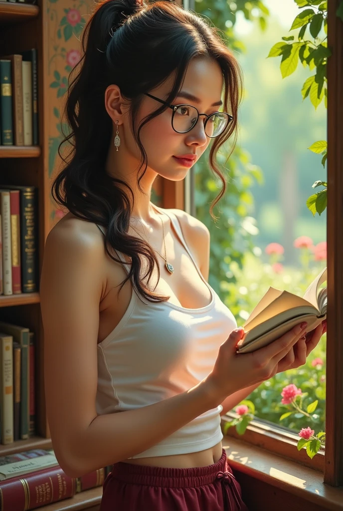 A cute,sexy girl wearing a sexy red night dress while studying with a low pony and slightly rounded glasses and bare feet. She looks sexy even without makeup