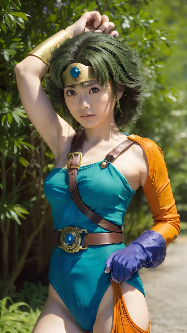 （（（ＳＦＷ、sound、Highest quality、Top notch work、Normal body、、Detailed face、Ultra-precision、Normal hand、のrefer、５refer、Highest）））、beautiful girl、Green Hair、yamato nadeshiko、Small breasts、Shortcuts、Blue leotard、Muscular、Black paleo skirt、Red Cape、Circlet、Dragon Quest、Female Heroes、 Fight、Fight準備完了、Sweep with a sword、Clasp your hands in front of you、Put your hands behind your back、Put your hands on your hips、Cover your chest with your hands、((Perfectly executed:Include your head to toes in the frame,Standing posture,Draw the details well、There is no anatomical problem))、forest