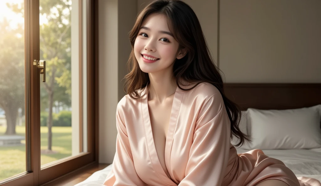 Urzan-6500-v1.1, (RAW Photos:1.2), (Photorealistic), (Genuine: 1.4), Gorgeous and popular movie star actress、Relax in your private living room、Oversized loungewear、Wear sloppily、A seductive smile、