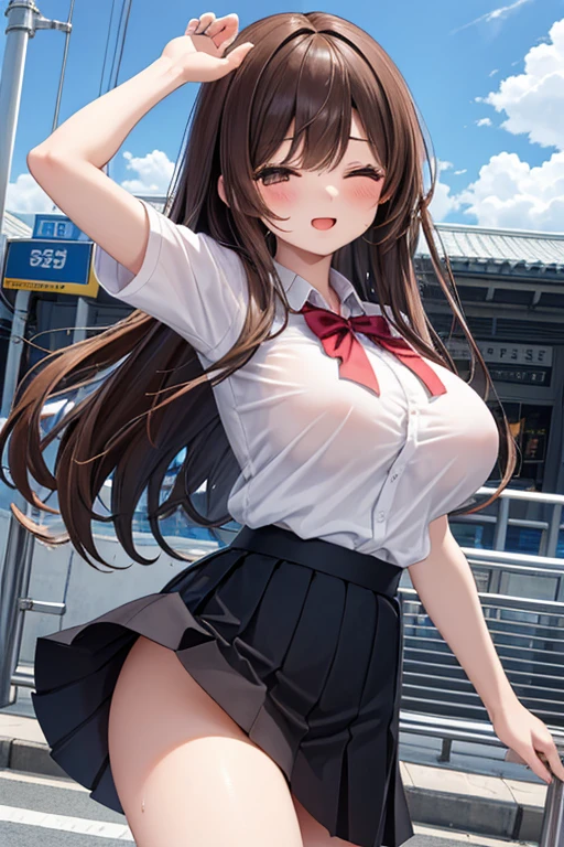 mai sakurajima in "Rascal Does Not Dream of Bunny Girl Senpai", brown hair, white sailor dress, brown eyes, hands on chest,see-through, looking at viewer, hair ornament, shy, (masterpiece, top quality, best quality, official art, beautiful and aesthetic:1.2), (1 girl), extreme detailed, colorful, highest detailed, (large breasts), upper body, from below, cameltoe, white panties, skirt lift, underboob, city street, sun, cloud, wall, leaning,
