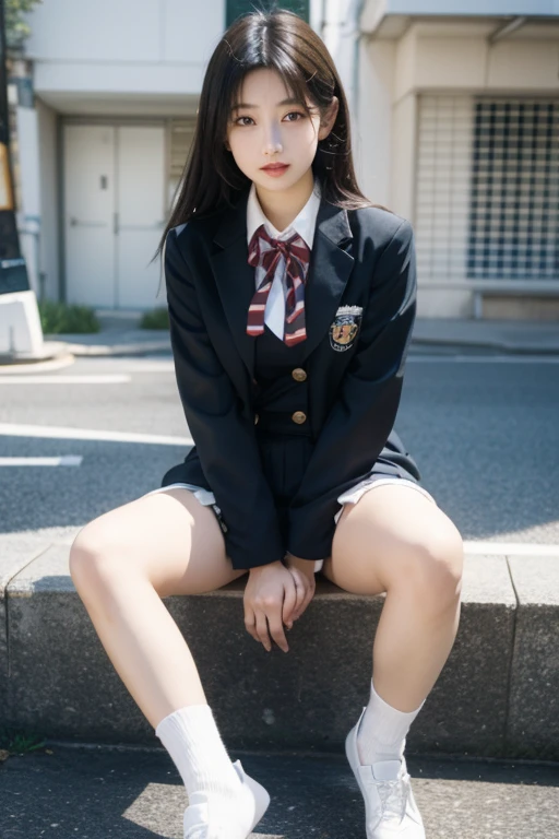 1girl,solo,black hair,skirt,squatting,shy blush,lipstick,wearing 50d black velvet pantyhose,pantyhose,bag,community roadside,shoes,grey skirt,loafers,looking at viewer,brown eyes,school uniform,backpack,jacket,bangs,long hair,plaid,full body,brown footwear,plaid skirt,long sleeves,pleated skirt,blazer,bowtie,closed mouth,miniskirt,