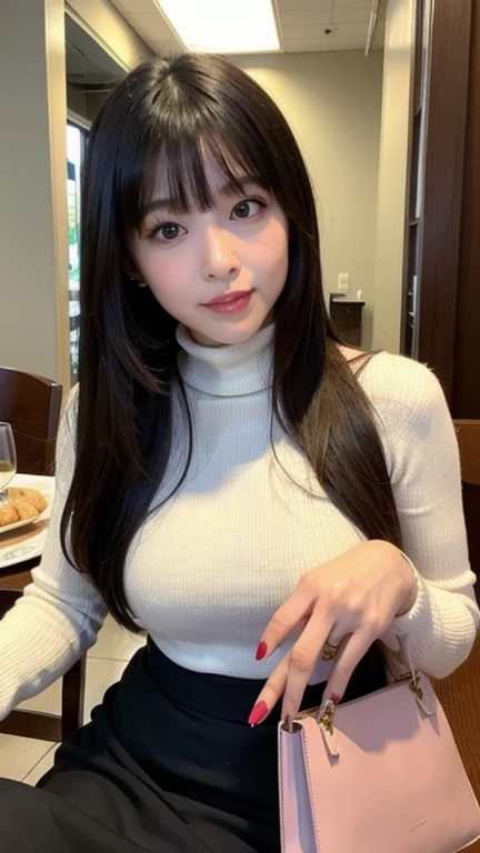 Indonesian girl 17-year-old Hairstyle Casual, F Cup Breasts wearing crewneck dress and selfie with her friend at class
