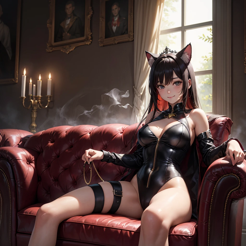solo, masterpiece, beautiful girl with long brown hair, bangs, large bust, bdsm outfit, beautiful red eyes, full body, gothic outfit