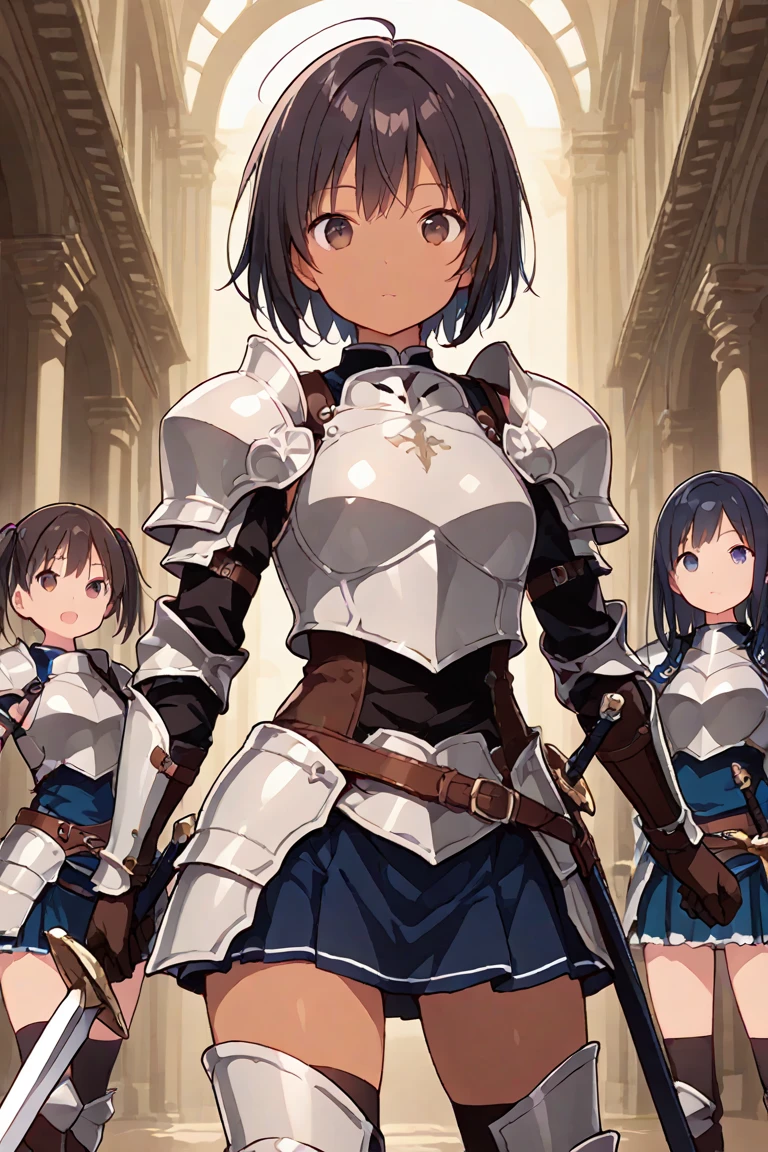 Sisters Height difference female knight armor Black Hair tiara Sistersともに美乳 Shortcuts sword Torn white skirt Torn white tights White panties Holding back tears battlefield