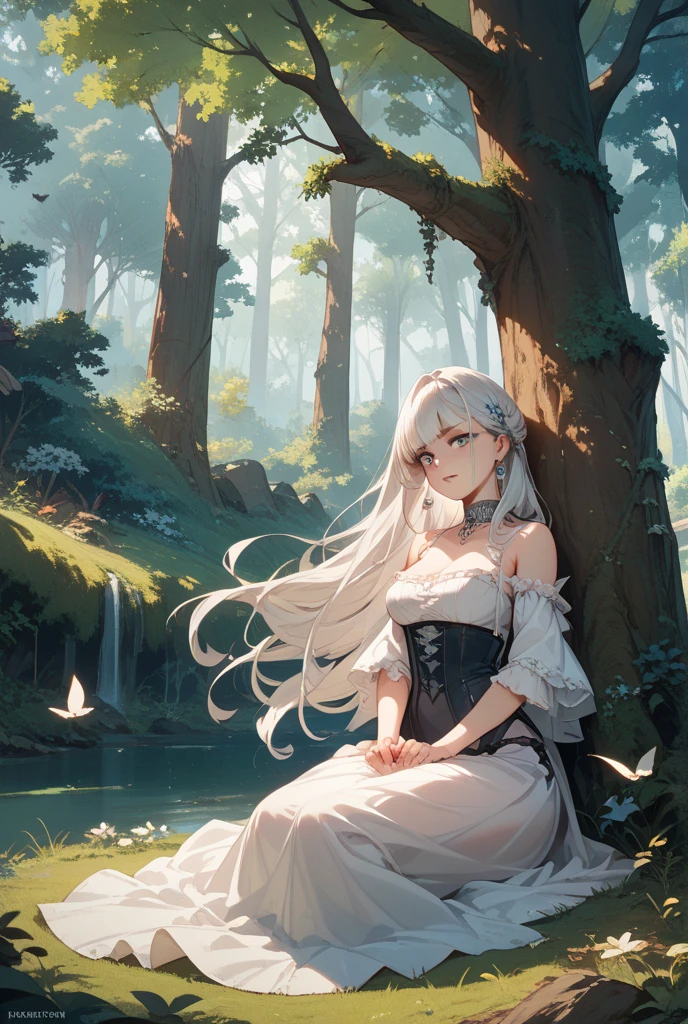 (masterpiece, Highest quality), A girl with long white hair sitting in a field with green plants and flowers, Warm moonlight, Blurred foreground, change, River bank, Bra shorts, Strange Eyes