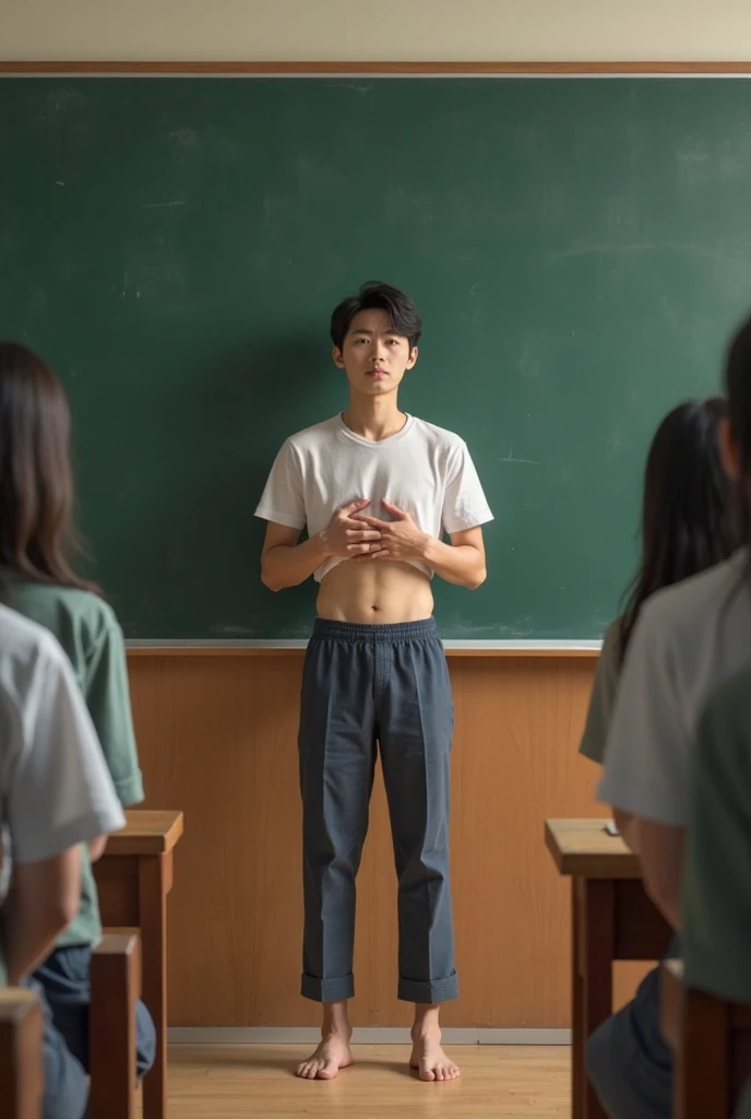1boy、Handsome Men、Japanese male, 、handsome man、Mash Hair、Completely naked、Full nudity、erection、Huge penis、Highest quality、Realistic、beautiful、Sad look、Cover your penis with both hands、In front of the blackboard in the classroom、Many students、完全Completely naked