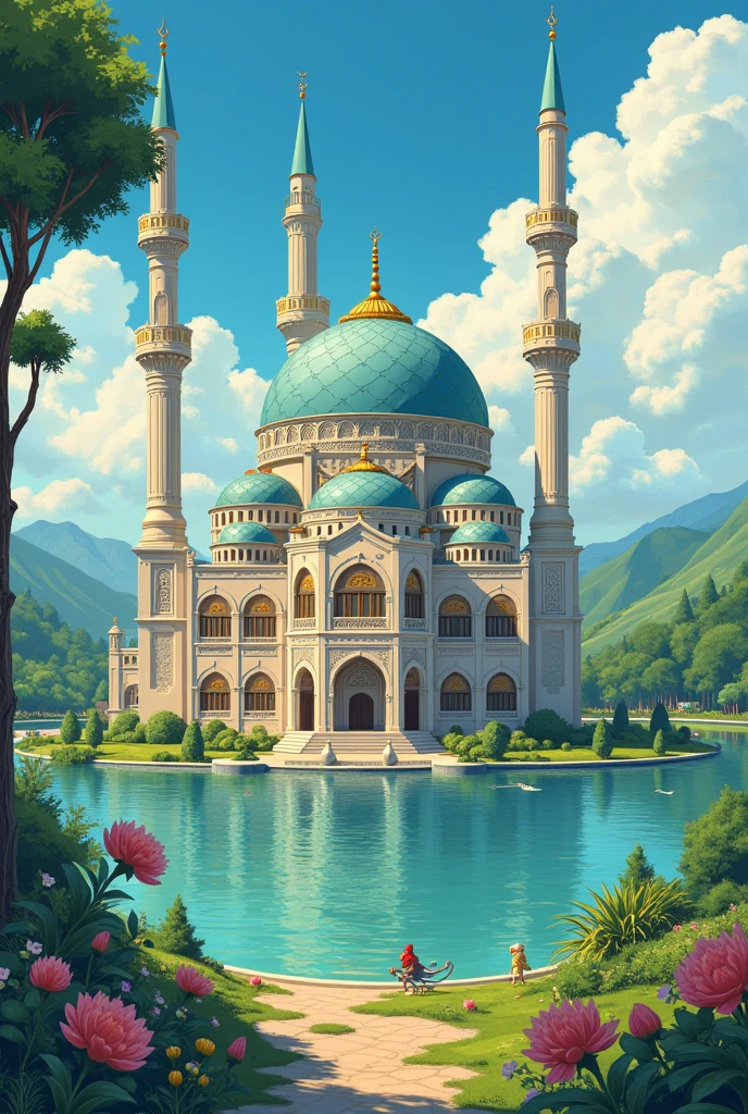 concept art of mosque , flat colors,sketch, in the middle of lake , half colored ,half completed