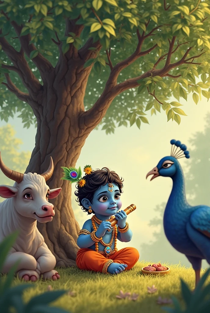 Krishna ji is playing flute, they both are on swing and swing is nicely decorated and sitting together, boy is wearing black color T-shirt with name “RAJAN” written on it, heaven like beautiful scene background, peacock dance, realistic image and boy is bare feet.