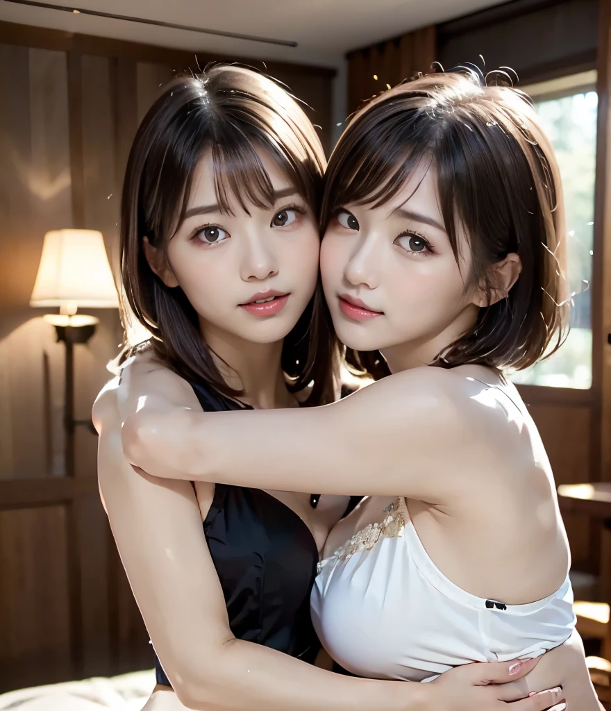 (masterpiece:1.3), (8k, Photoreal, Raw photo, best image quality: 1.4), Japanese high school girl、cleavage:1.5、In a luxury hotel、At a luxury villa overseas、super detail face、eye for details、double eyelid、chest to chest、sharp focus:1.2、Beautiful woman:1.4、light brown hair、highest quality、masterpiece、Super high resolution、(Photoreal:1.4)、Highly detailed and professionally lit smiles、loose and light nightgown、shoulder out、thin、serious expression、short haired、deadly position、(Big Breasts:1.2)、キスをせがむ顔、