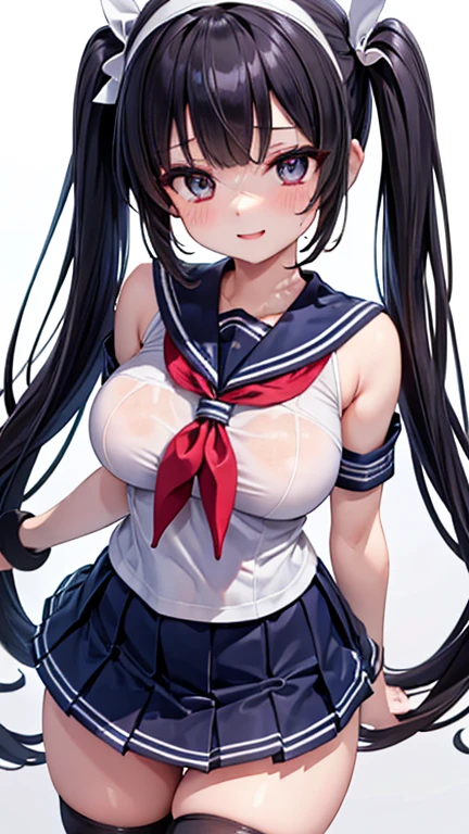 High resolution, Very detailed, perfect lighting, beautiful detailed eyes, ((masterpiece,Best Quality)), absurdities, alone, princess zelda, by the width, crown braid, Hair clip, pointy ears, Gloves without fingers, black gloves, smile, curves, nod, , deep neckline, deep neckline, blue school uniform with white details,short white skirt, visible underwear, pink Thong, blue uniform, blue shirt with a pink bow, touching her breasts in a sexy way, close up, Black hair, visible breasts, Close up, visible nipples, fringe hairstyle, fringe hairstyle, touching her breasts in a sexy way, teal eyes, Close up, fringe hairstyle